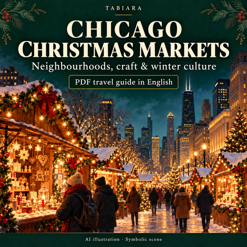 Chicago Christmas markets travel guide cover with a winter city scene and cultural landmarks (illustration)