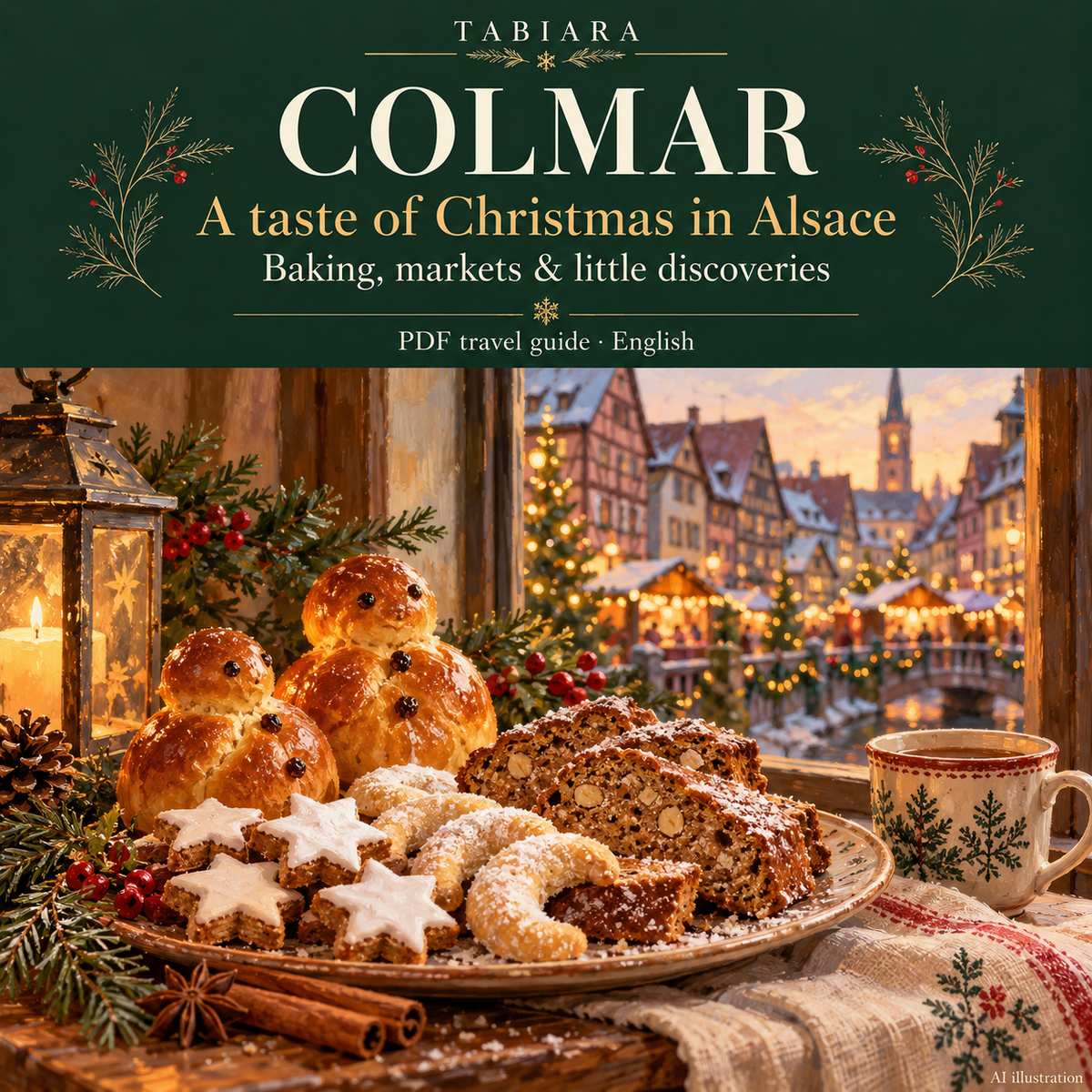 Guide page on Alsatian Christmas food with biscuits, gingerbread and a market stall in Colmar (illustration)