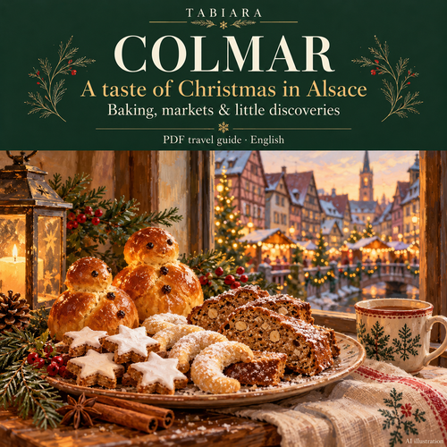 Guide page on Alsatian Christmas food with biscuits, gingerbread and a market stall in Colmar (illustration)