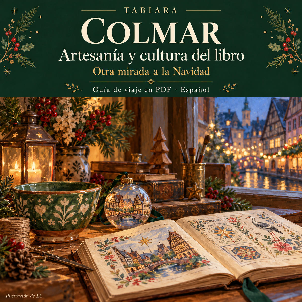 Vista previa de la guía: artesanía de cerámica, vidrio y madera junto a libros antiguos en Colmar (ilustración)