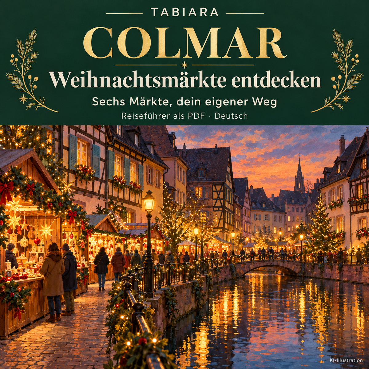 Abendliche Altstadt von Colmar mit Fachwerkhäusern und Weihnachtsbeleuchtung, Titelbild des PDF-Reiseführers (Illustration)