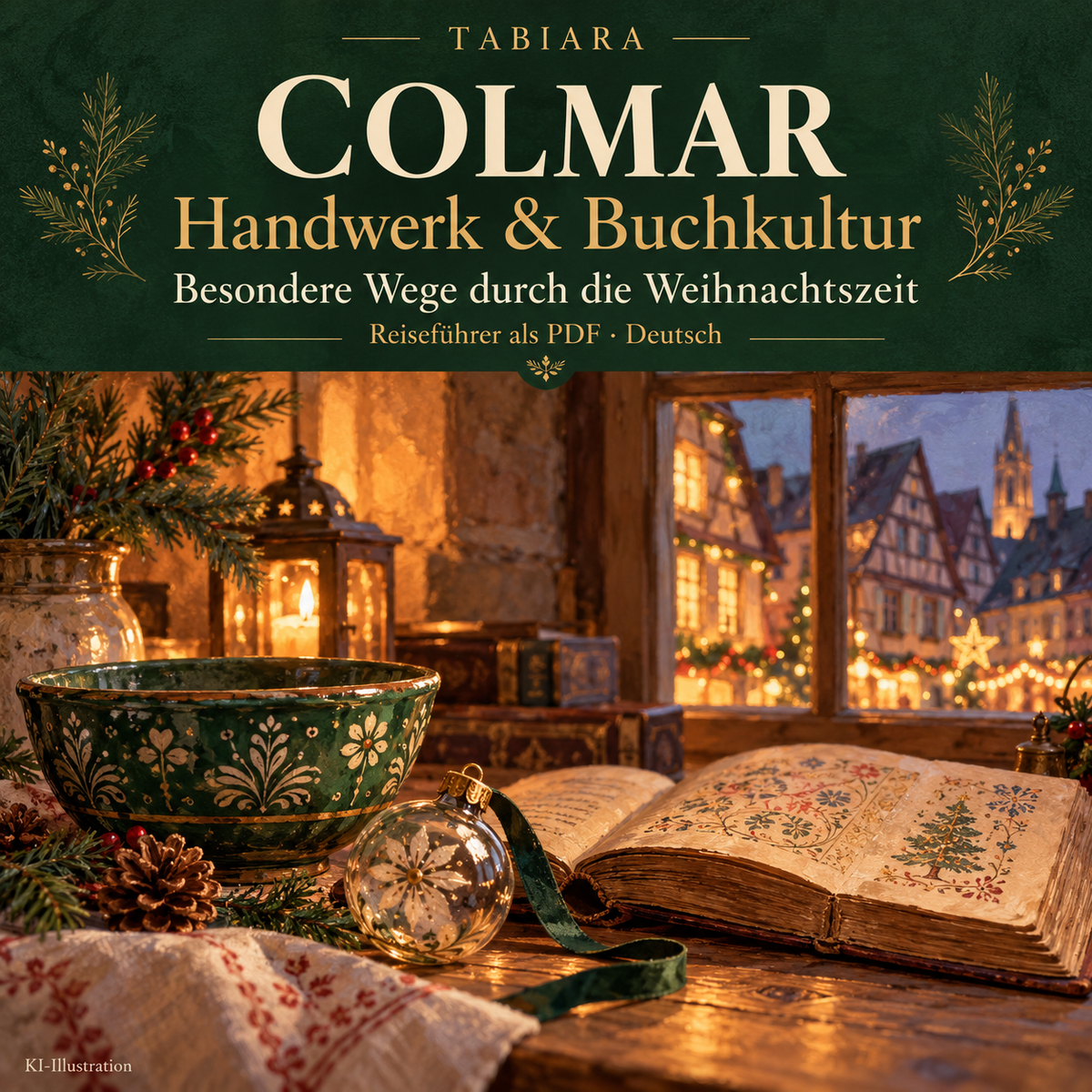 Kunsthandwerk und Buchkultur in Colmar: Keramik, Glas und alte Bücher als Motiv für die Routen des Reiseführers (Illustration)