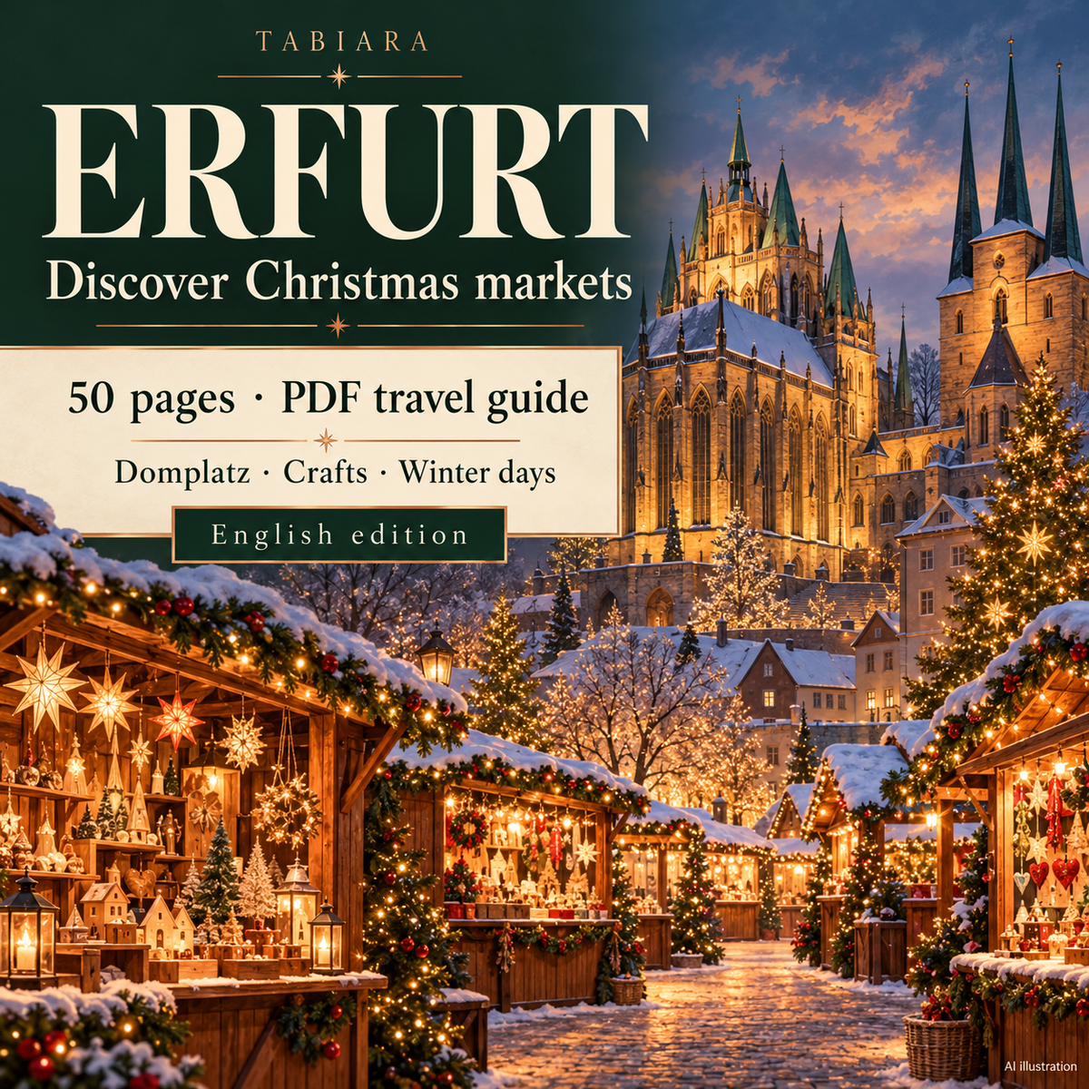 Cover of the Erfurt Christmas markets 2026 PDF travel guide with an Advent scene in the old town (illustration)