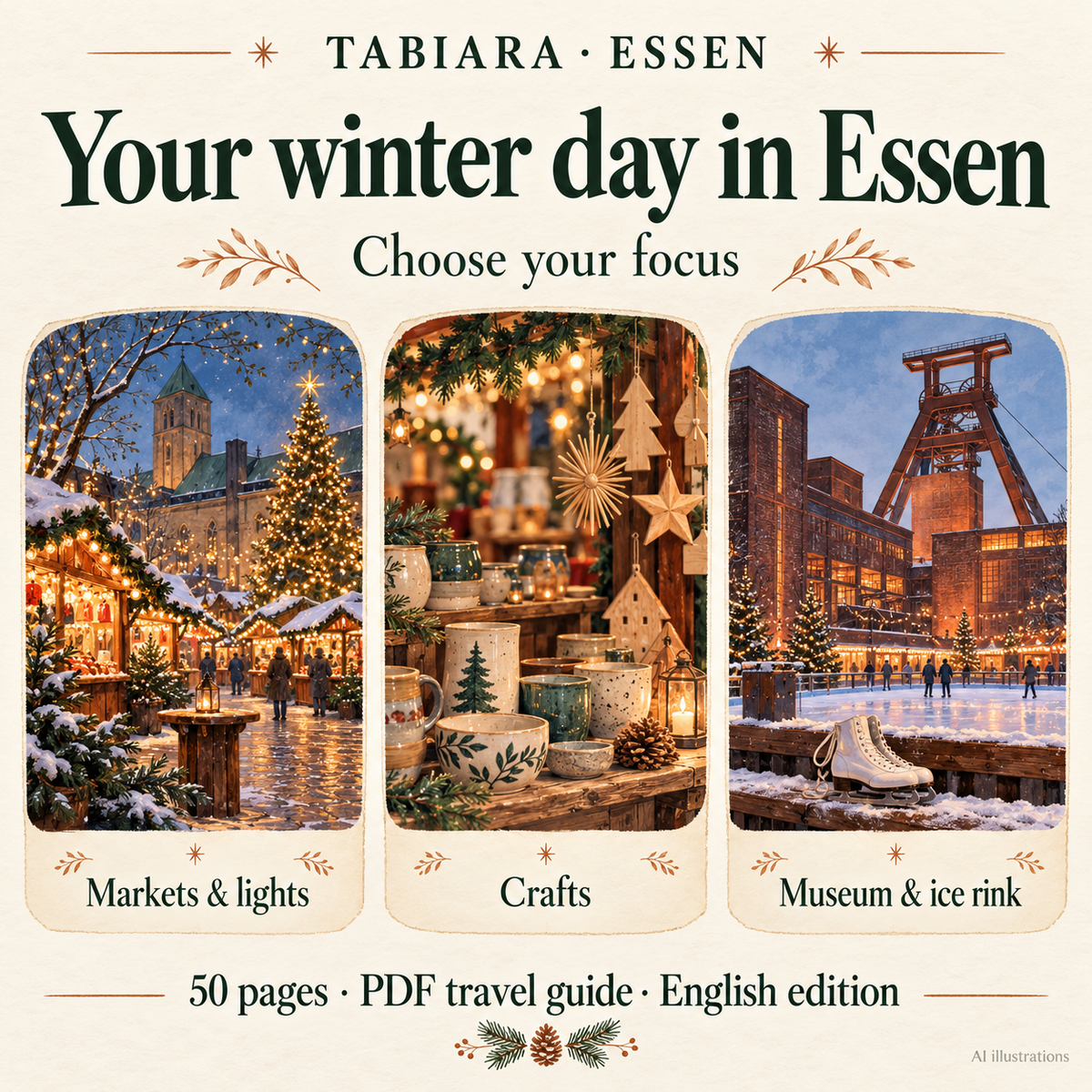 Route and trip planning pages for Essen's Christmas markets and winter outings (illustration)