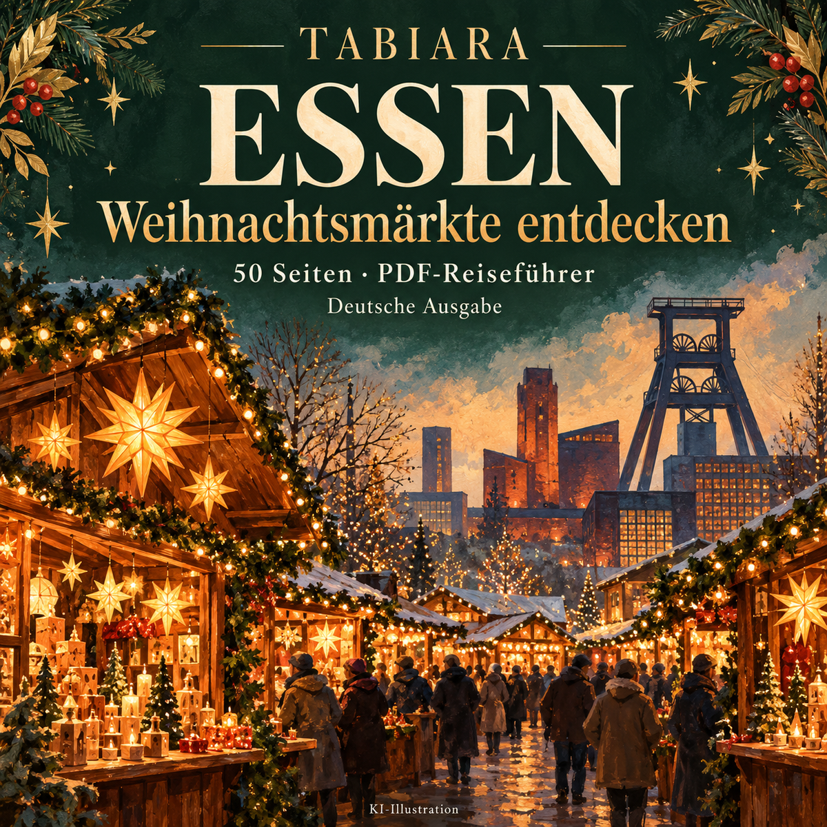 Cover des PDF-Reiseführers zu den Weihnachtsmärkten in Essen 2026 mit adventlicher Stadtstimmung (Illustration)