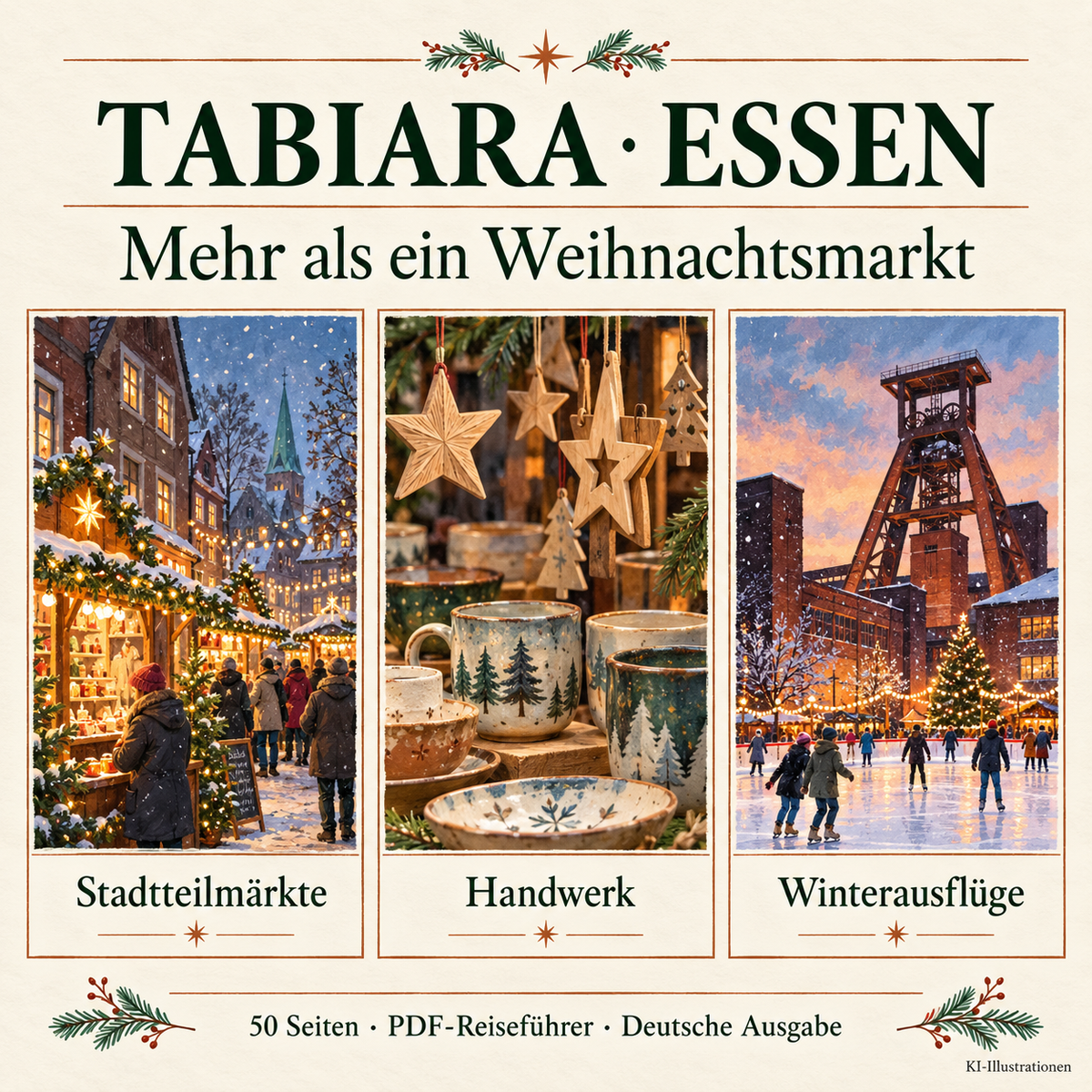Einblick in die Innenseiten des Essen-Weihnachtsmarkt-Reiseführers mit Terminen und Planungstipps (Illustration)