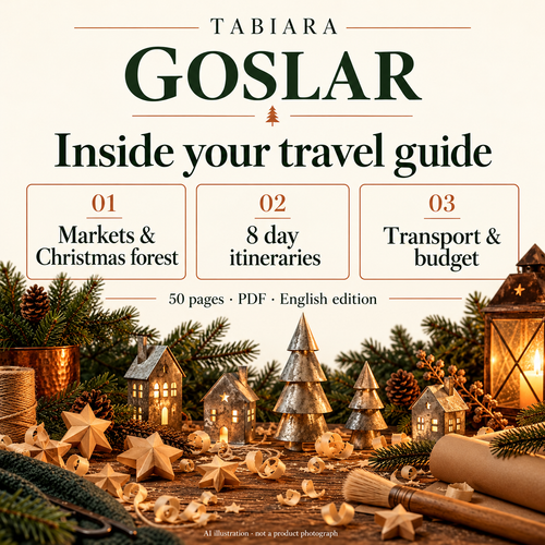 Inside pages of the Goslar guide with the 2026 market calendar and ticket table (illustration)