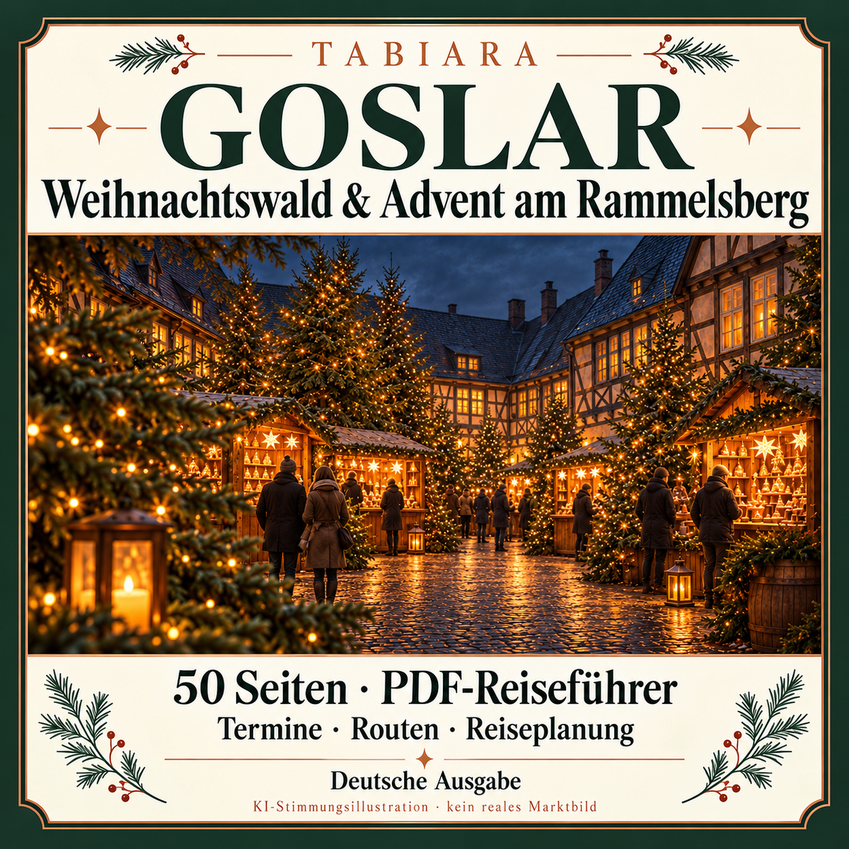 Titelseite des PDF-Reiseführers Goslar Weihnachtsmärkte 2026 mit Weihnachtswald und Rammelsberg (Illustration)