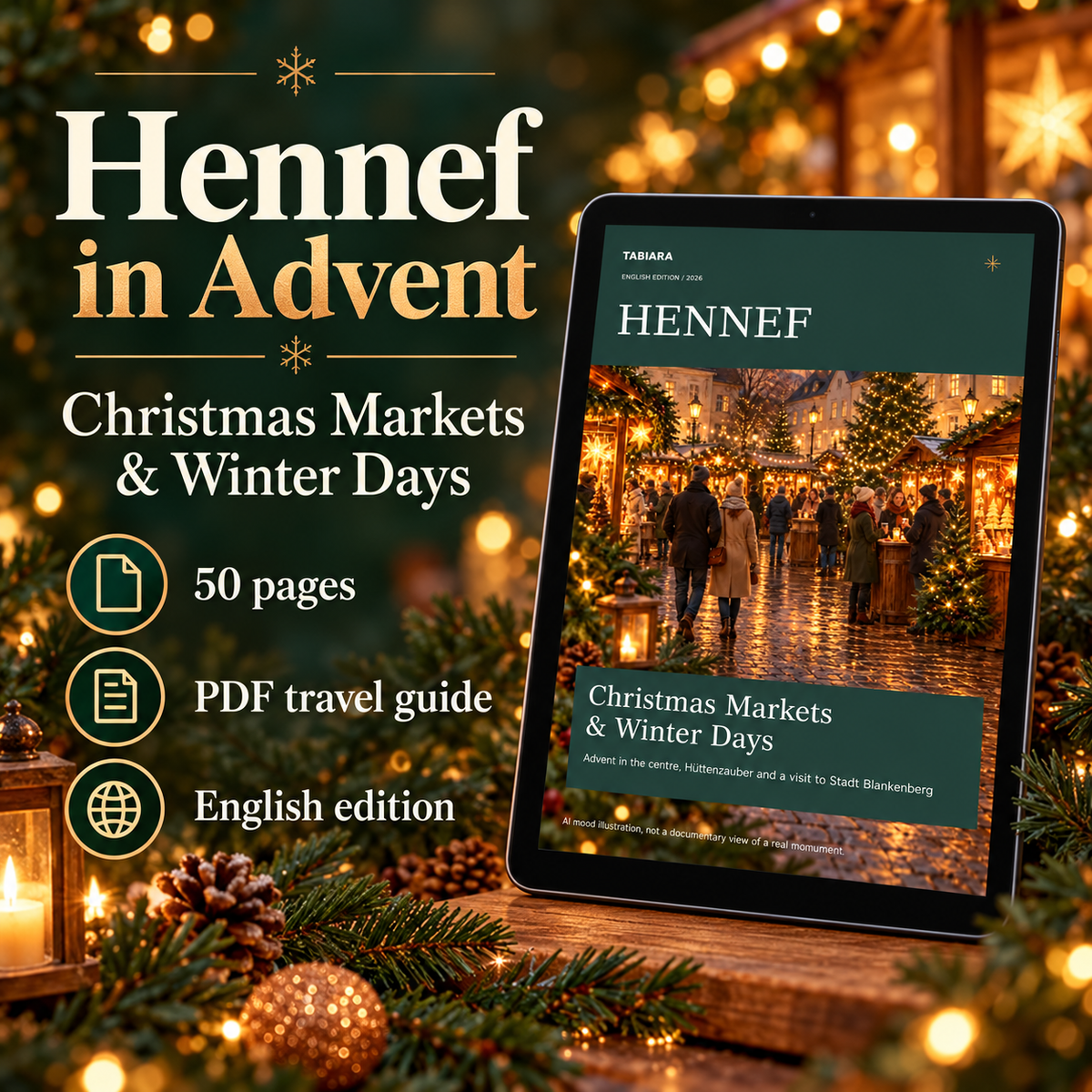 Cover of the Hennef Christmas Markets 2026 PDF travel guide, English edition (illustration)