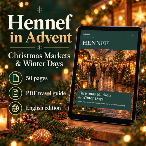 Cover of the Hennef Christmas Markets 2026 PDF travel guide, English edition (illustration)