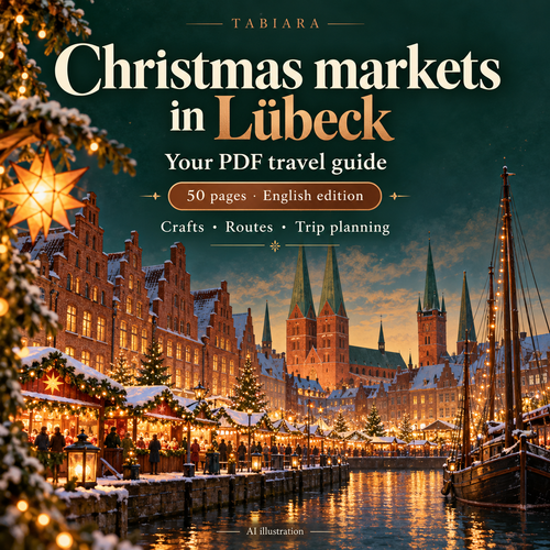Cover of the Lübeck Christmas markets 2026 PDF travel guide with brick gables and festive stalls by the water (illustration)