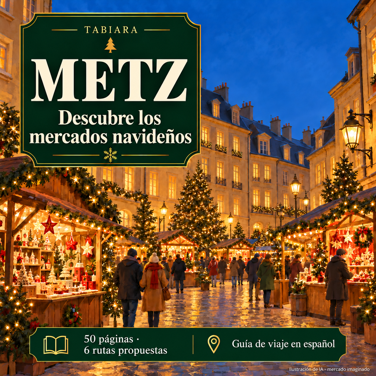 Portada de la guía en PDF de los mercados navideños de Metz con plaza iluminada en Adviento (ilustración)