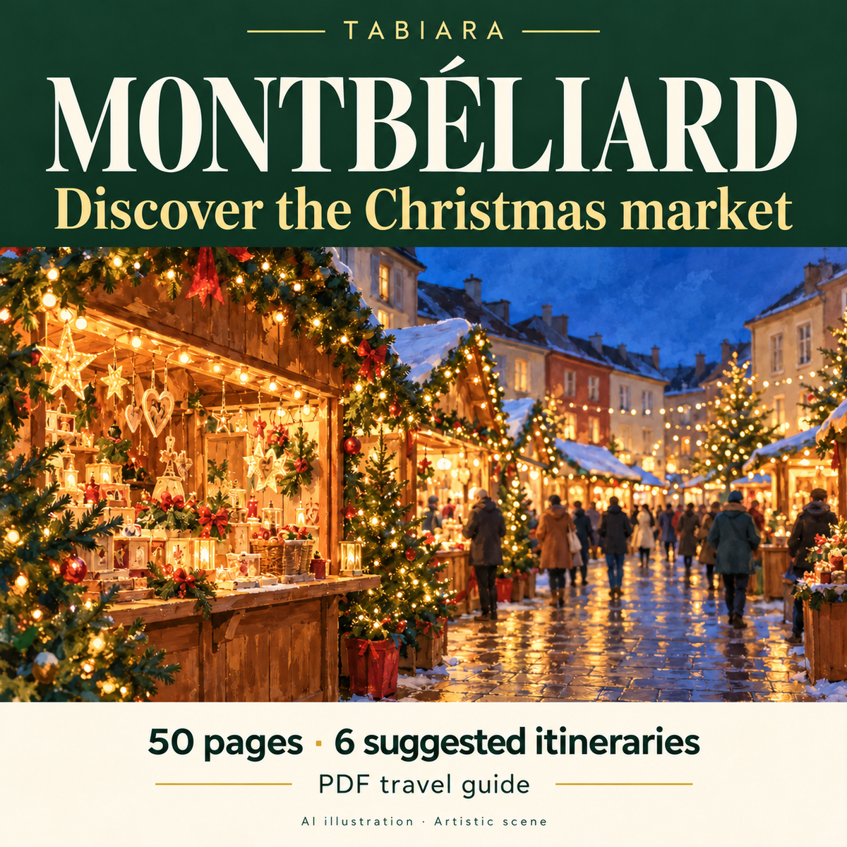 Cover of the Montbéliard Christmas market PDF travel guide with lit stalls in the old town (illustration)