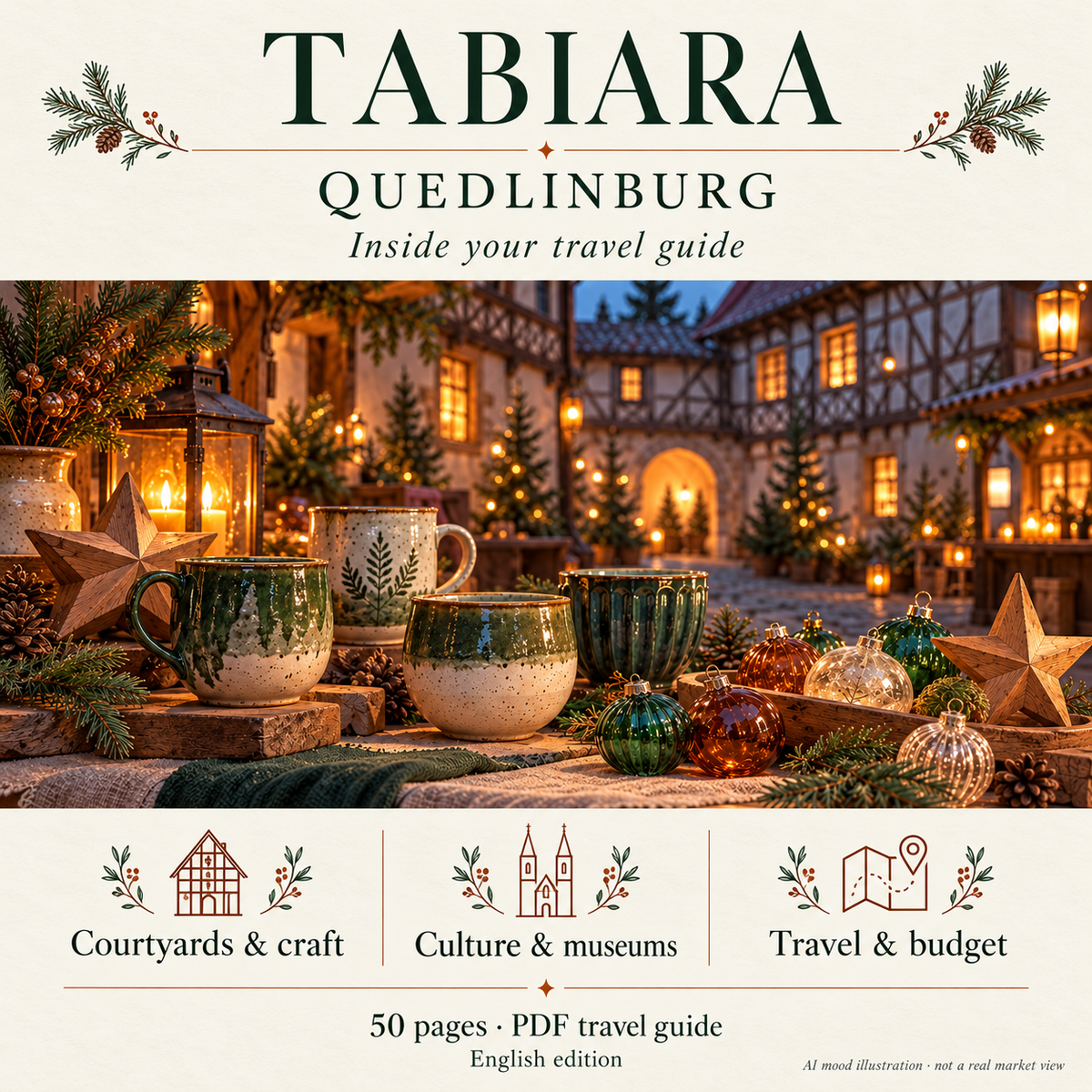 Inside pages of the Quedlinburg Christmas market guide with the 2026 dates table and courtyard tips (illustration)
