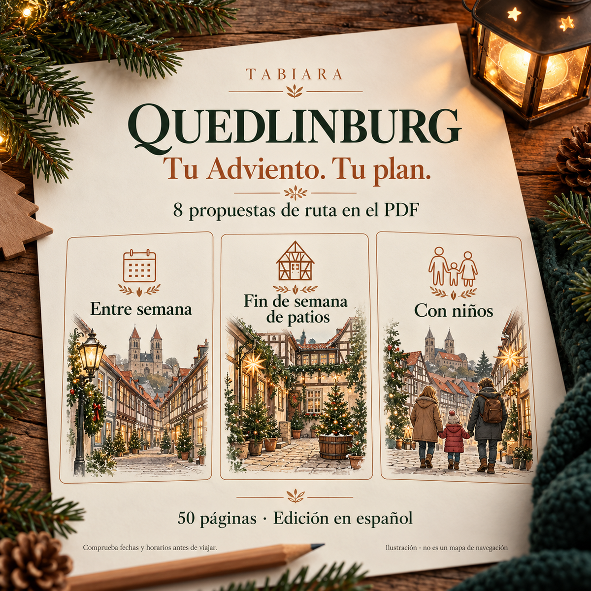 Páginas de rutas y planificación de la guía de Quedlinburg para un día de mercados navideños (ilustración)