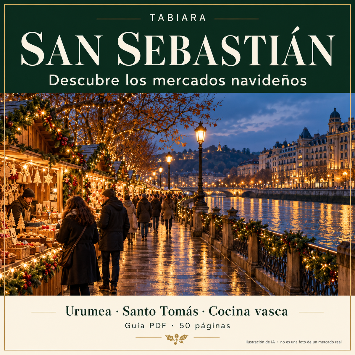 Portada de la guía PDF de los mercados navideños de San Sebastián con puestos junto al río Urumea en invierno (ilustración)