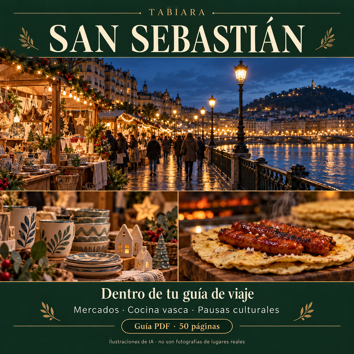 Vista interior de la guía de San Sebastián con páginas de mercados, horarios y cocina vasca (ilustración)