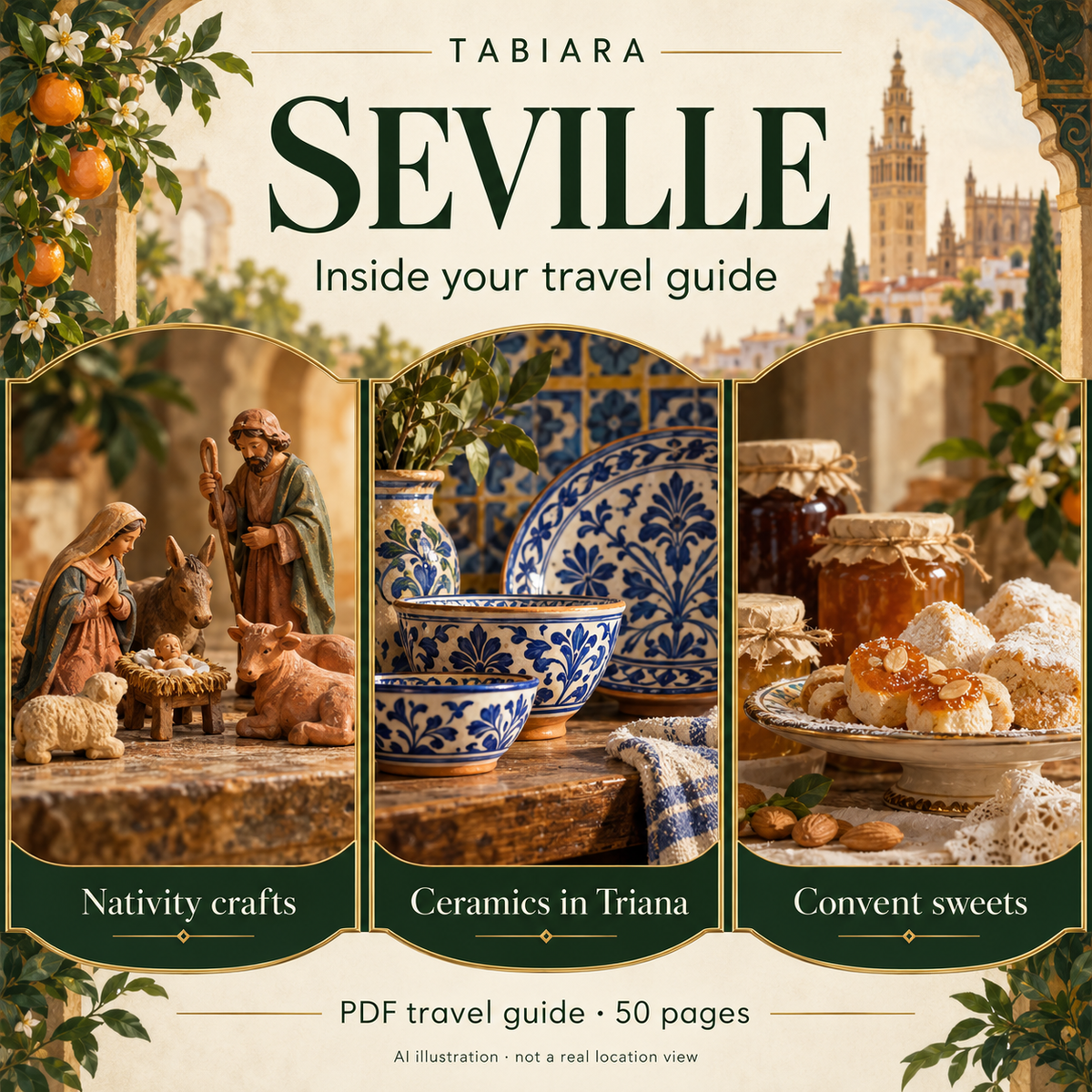 Preview pages of the Seville Christmas market travel guide showing the seasonal calendar and market comparison (illustration)