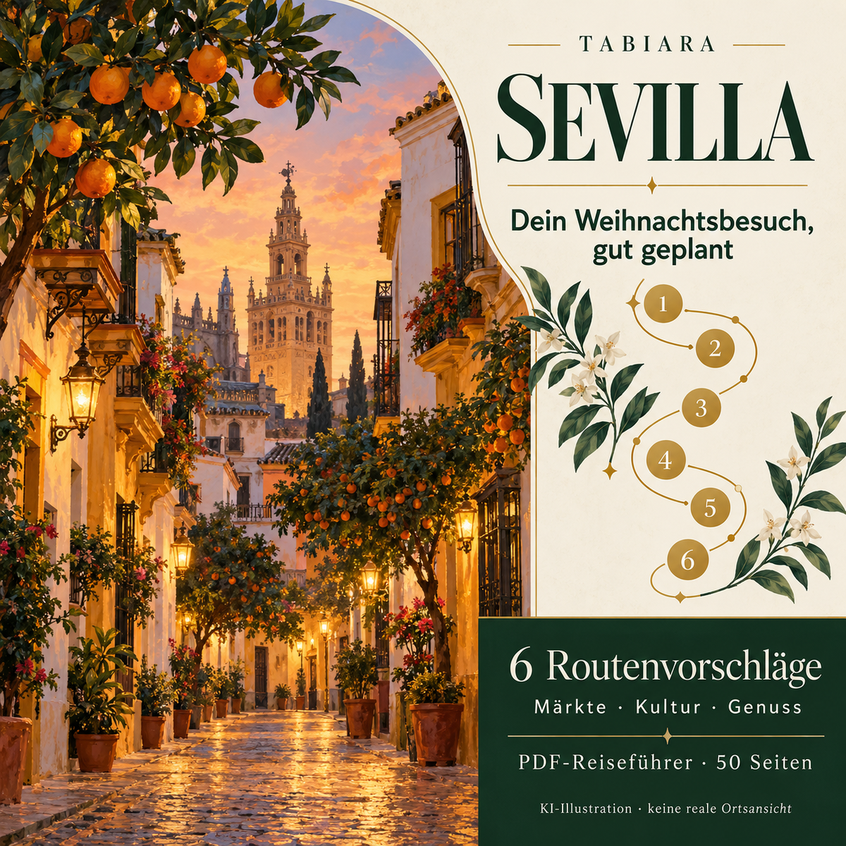Routen und Reiseplanung für Sevilla im Advent: Altstadt, Triana und Patio de la Diputación auf einer Planungsskizze (Illustration)