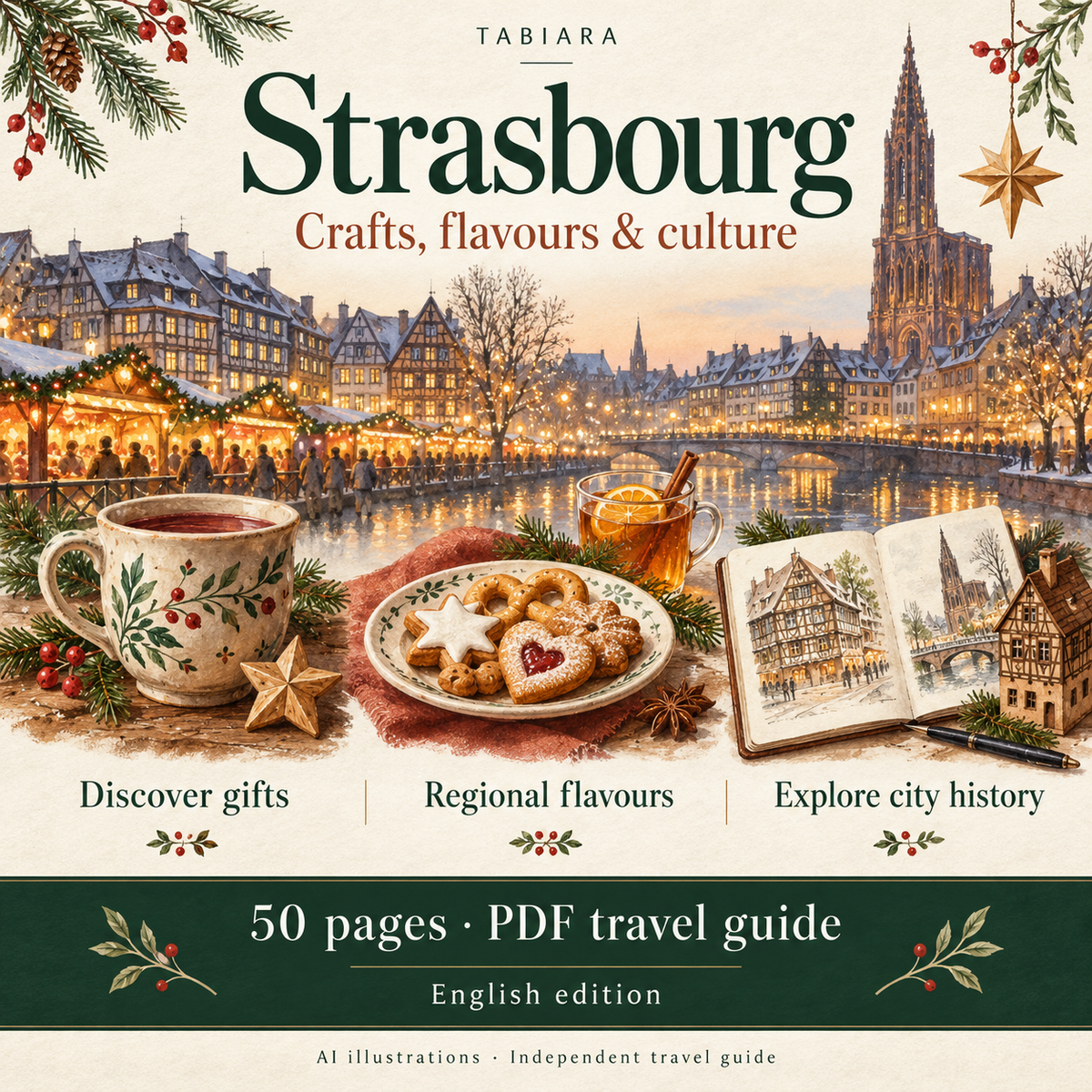 Guide page on crafts, regional food and community initiatives at the Strasbourg Christmas markets (illustration)