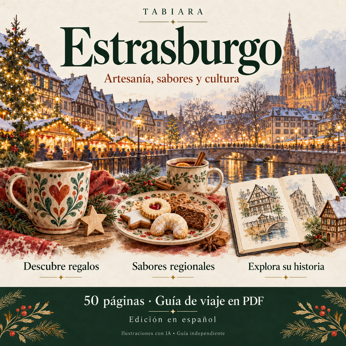 Mercado navideño de Estrasburgo con artesanía, sabores regionales y cultura (ilustración)