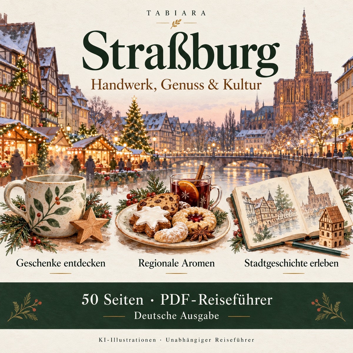 Weihnachtsmarkt in Straßburg mit Handwerk, Genuss und Kultur (Illustration)