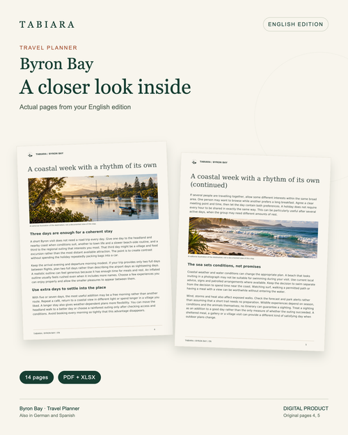 Planificador de viaje de Byron Bay – PDF imprimible + Excel de presupuesto