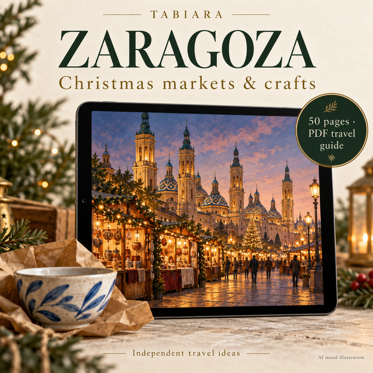Cover of the Tabiara PDF travel guide to the Zaragoza Christmas markets 2026, English edition (illustration)