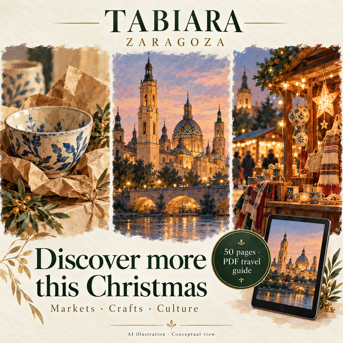 Preview of inside pages from the Zaragoza Christmas market travel guide with market, craft fair and museum information (illustration)