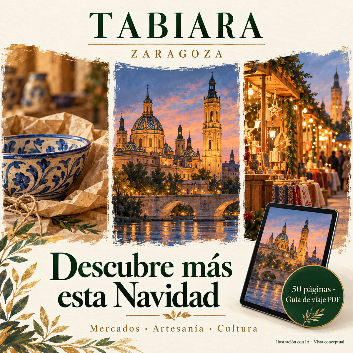Vista de las páginas interiores de la guía de los mercados navideños de Zaragoza con mercados y artesanía (ilustración)