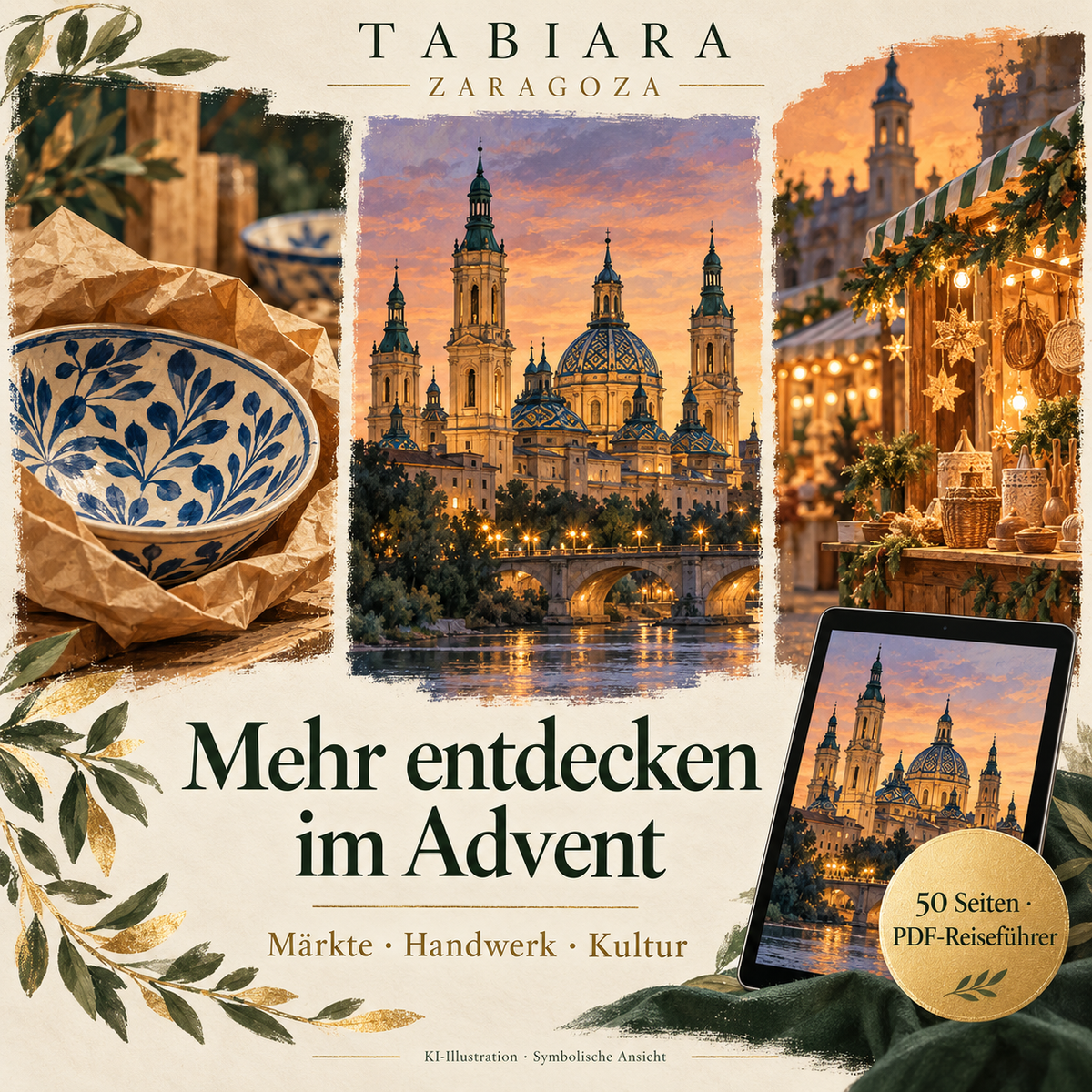 Einblick in die Innenseiten des Saragossa-Weihnachtsmarkt-Reiseführers mit Marktvergleich und Saisonstatus (Illustration)