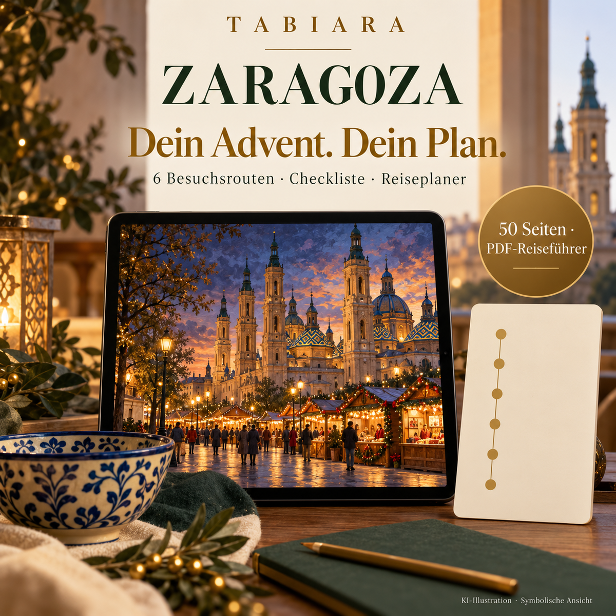 Routen und Reiseplanung für den Advent in Saragossa zwischen Plaza del Pilar und Handwerksmesse (Illustration)